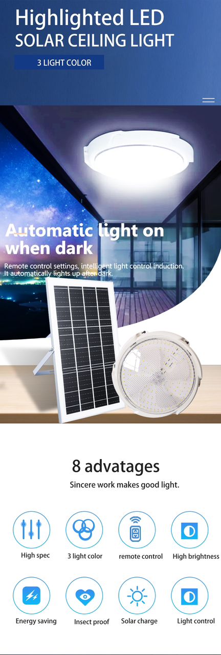 CEILING LIGHT SOLAR 300W THREE COLOR 3300LM IP54 WITH REMOTE - SCLFHL300W - Image 3