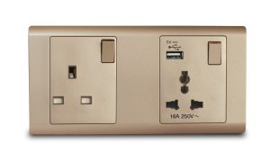 Combination S/Socket 16A Universal With USB + 13A Champagne R-Series MK HoneyWell