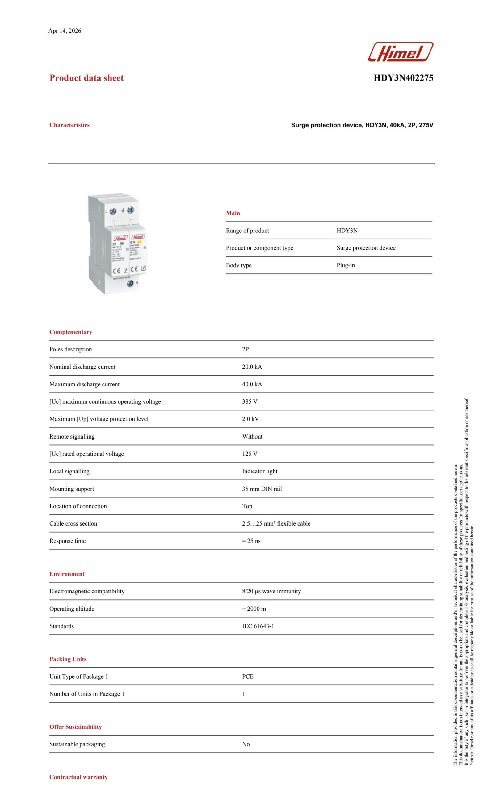 Surge Protector Device 40K 2 Poles Himel - HDY3N402275 - Image 5