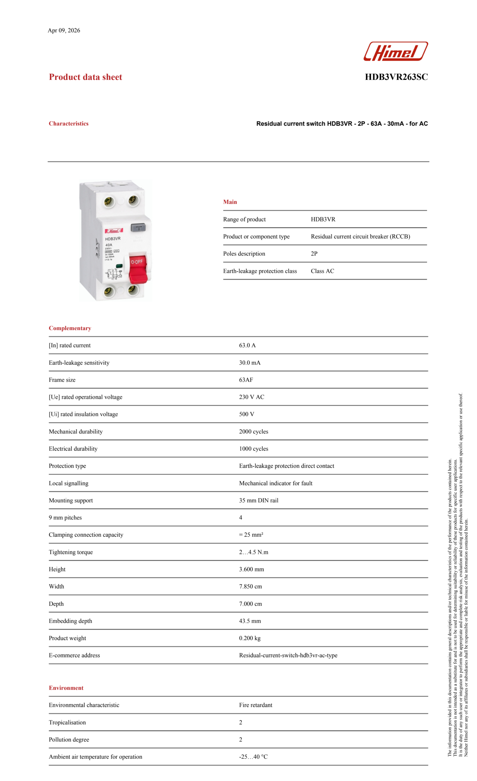 RCD Residual Current Switch AC 63A 30mA 2P - HDB3VR263SC - Image 4