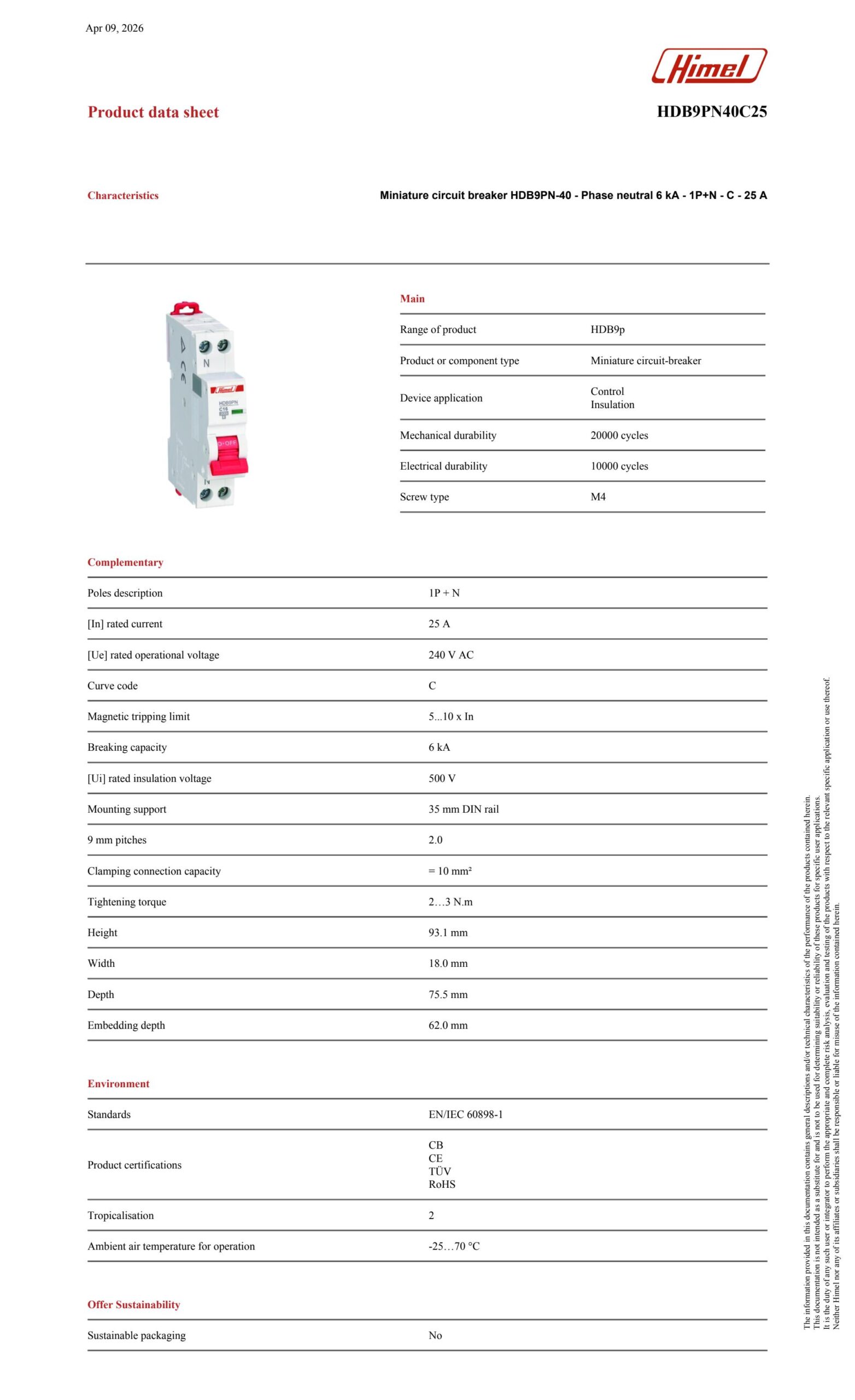 Minature circuit breaker 1P+N 25A 6kA HIMEL – HDB9PN40C25 - Image 4